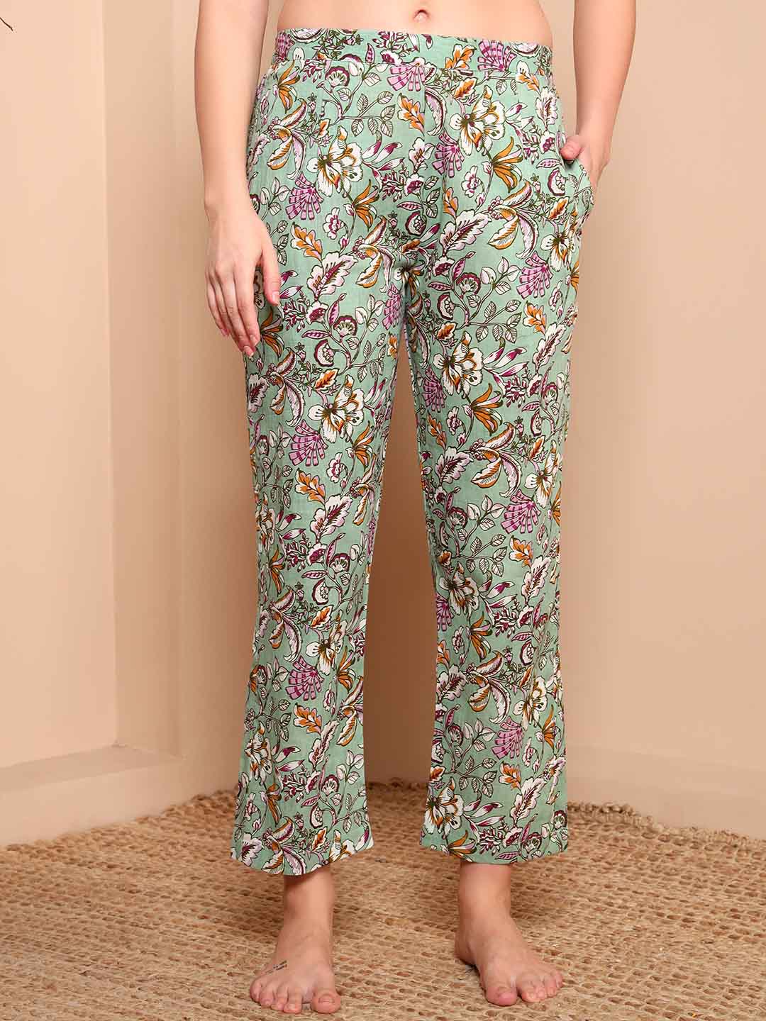 Mint Green Floral Cotton Night Suit with Notch Collar - Mahukaa