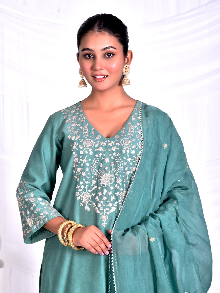 Mint Green Pani gold inticate embroidery kurta set with dupatta - Mahukaa