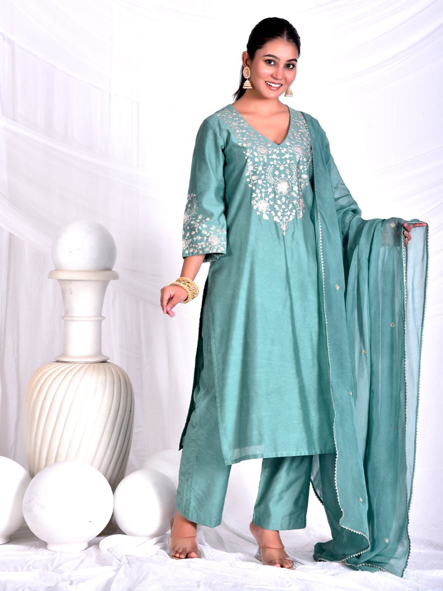 Mint Green Pani gold inticate embroidery kurta set with dupatta - Mahukaa