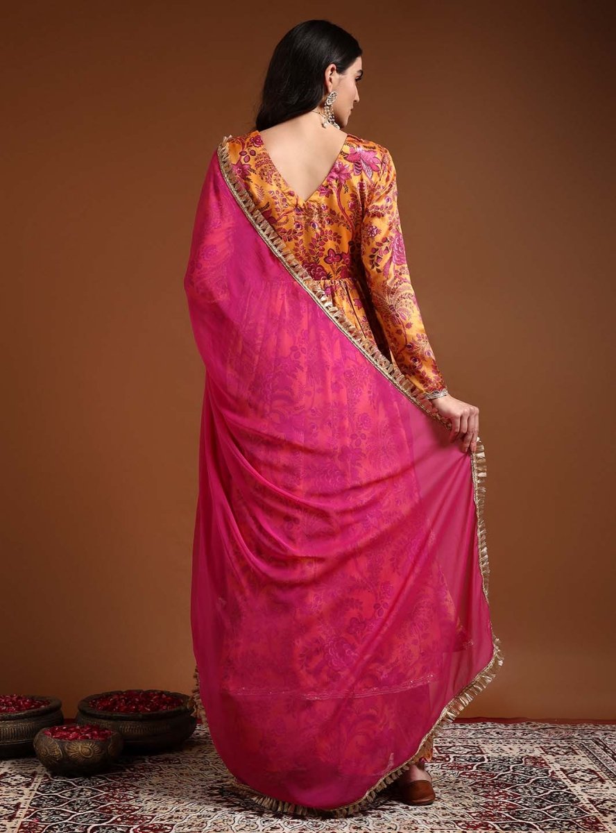 Mustard angrakha floral anarkali set with dupatta - Mahukaa
