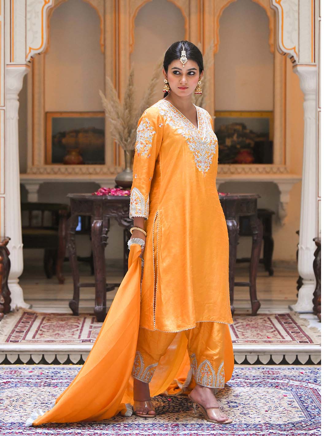 Mustard Yellow Embroidered Kurta Salwar Set - Mahukaa
