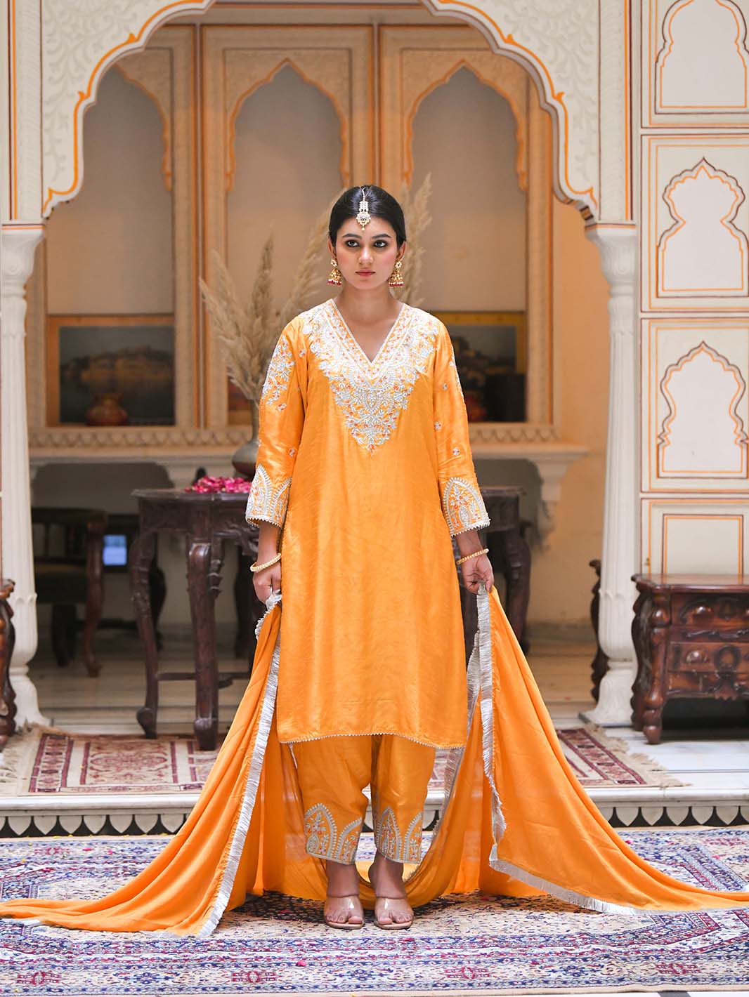 Mustard Yellow Embroidered Kurta Salwar Set - Mahukaa