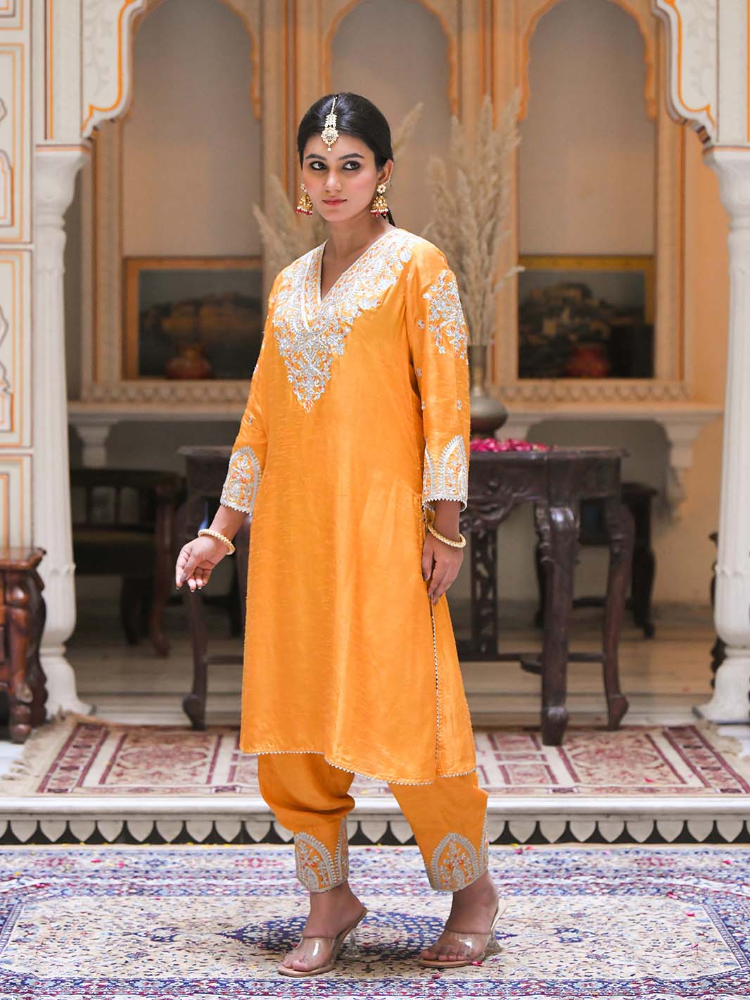 Mustard Yellow Embroidered Kurta Salwar Set - Mahukaa