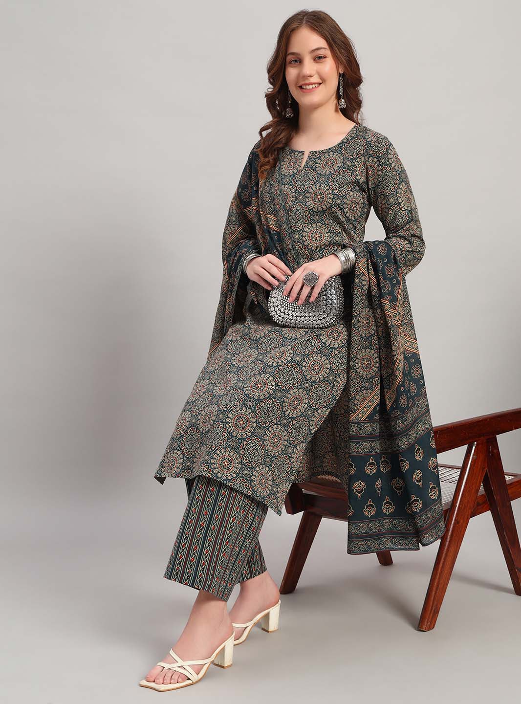 Navy Blue Ajrak Print Straight Kurta Set with Round Neck - Mahukaa