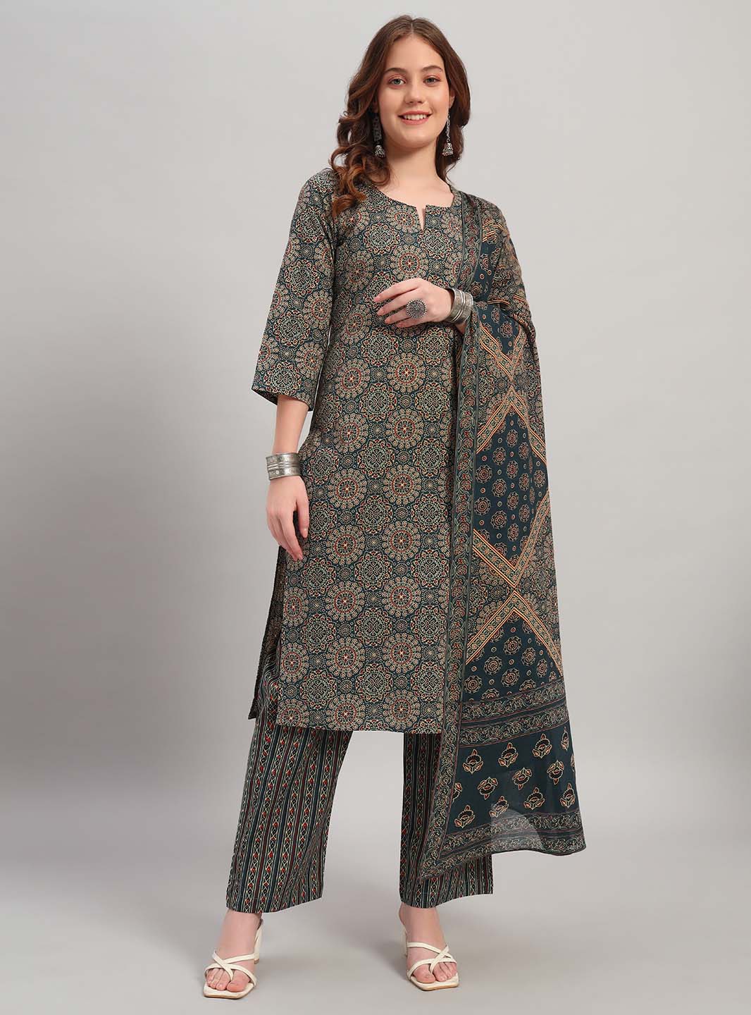 Navy Blue Ajrak Print Straight Kurta Set with Round Neck - Mahukaa