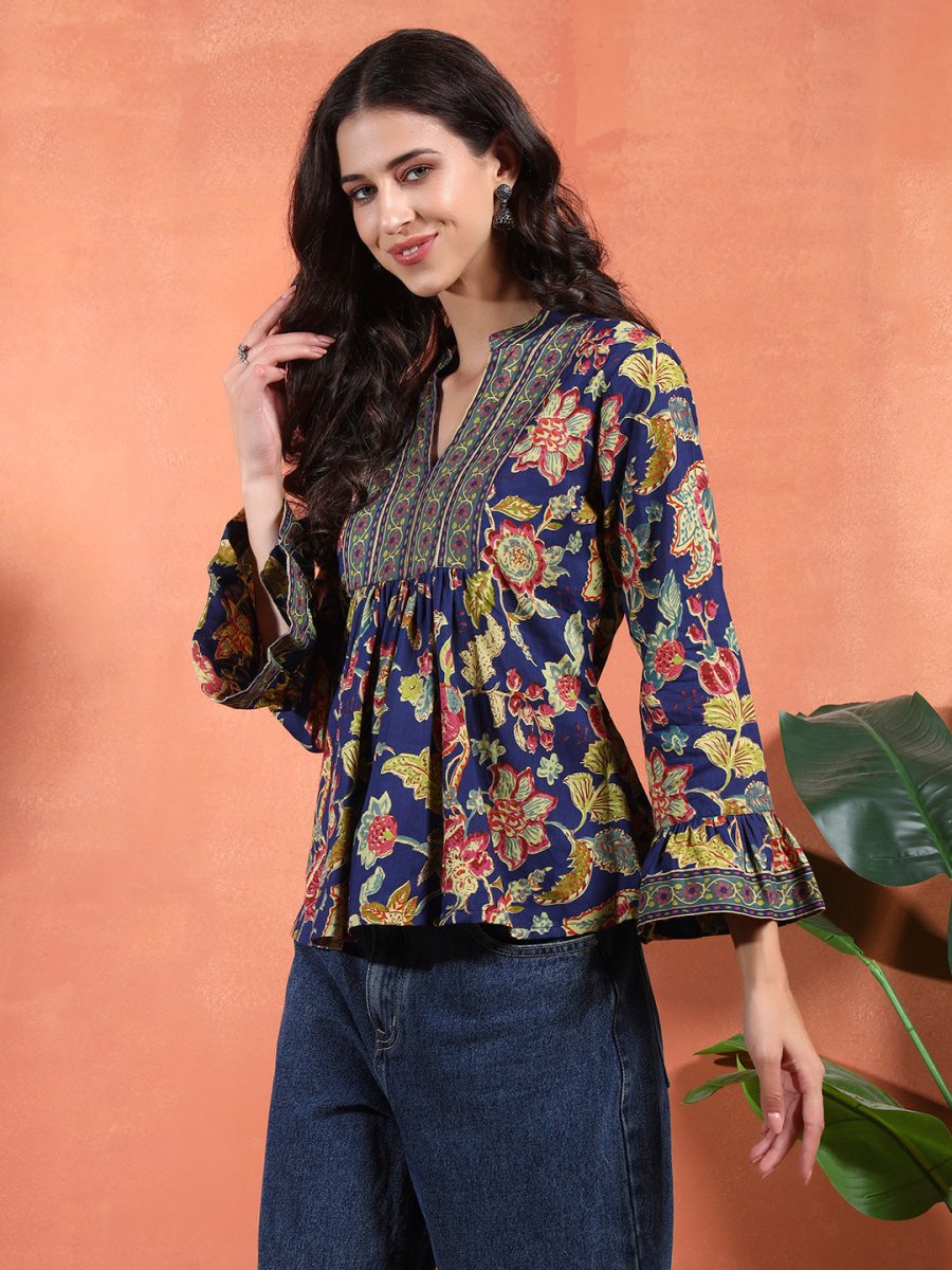 Navy Blue Flared Floral A - line Tunic with Mandarin Collar - Mahukaa