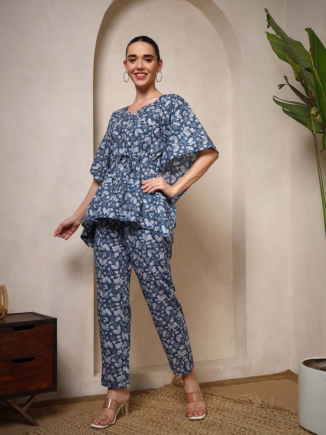 Mahukaa navy blue floral printed kaftan kurta with slip-on bottoms – women's cotton ethnic kurta set