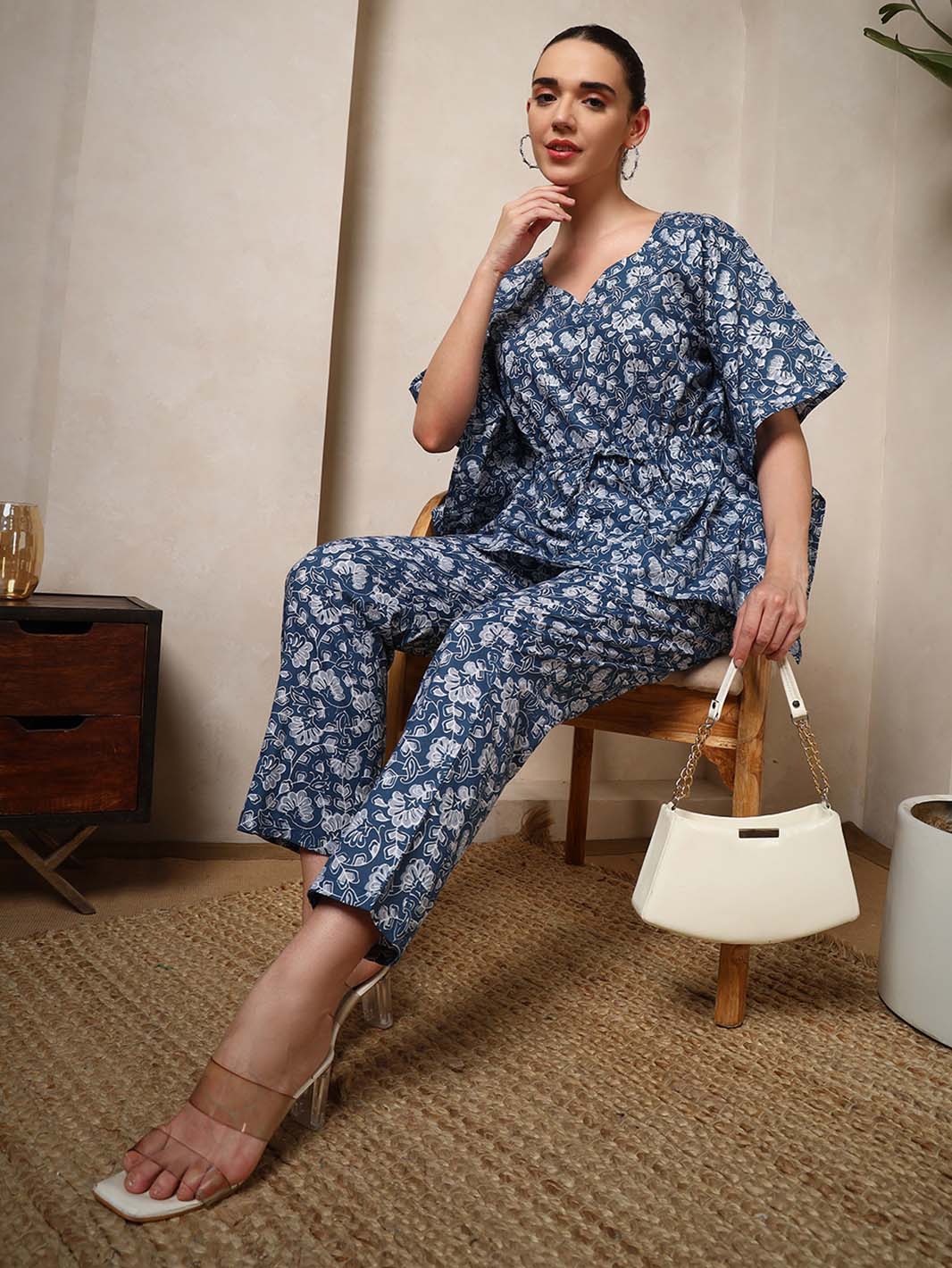 Navy Blue Floral A - Line Kaftan Kurta Set - Mahukaa