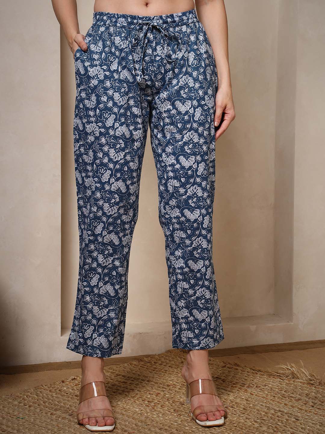 Navy Blue Floral Kaftan Kurta Pant - Mahukaa