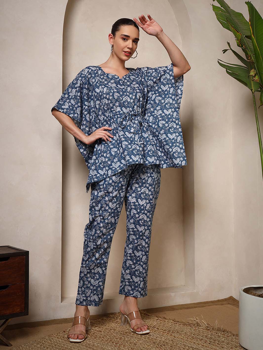Elegant navy blue floral printed kaftan kurta pant set – Mahukaa women's ethnic fashion