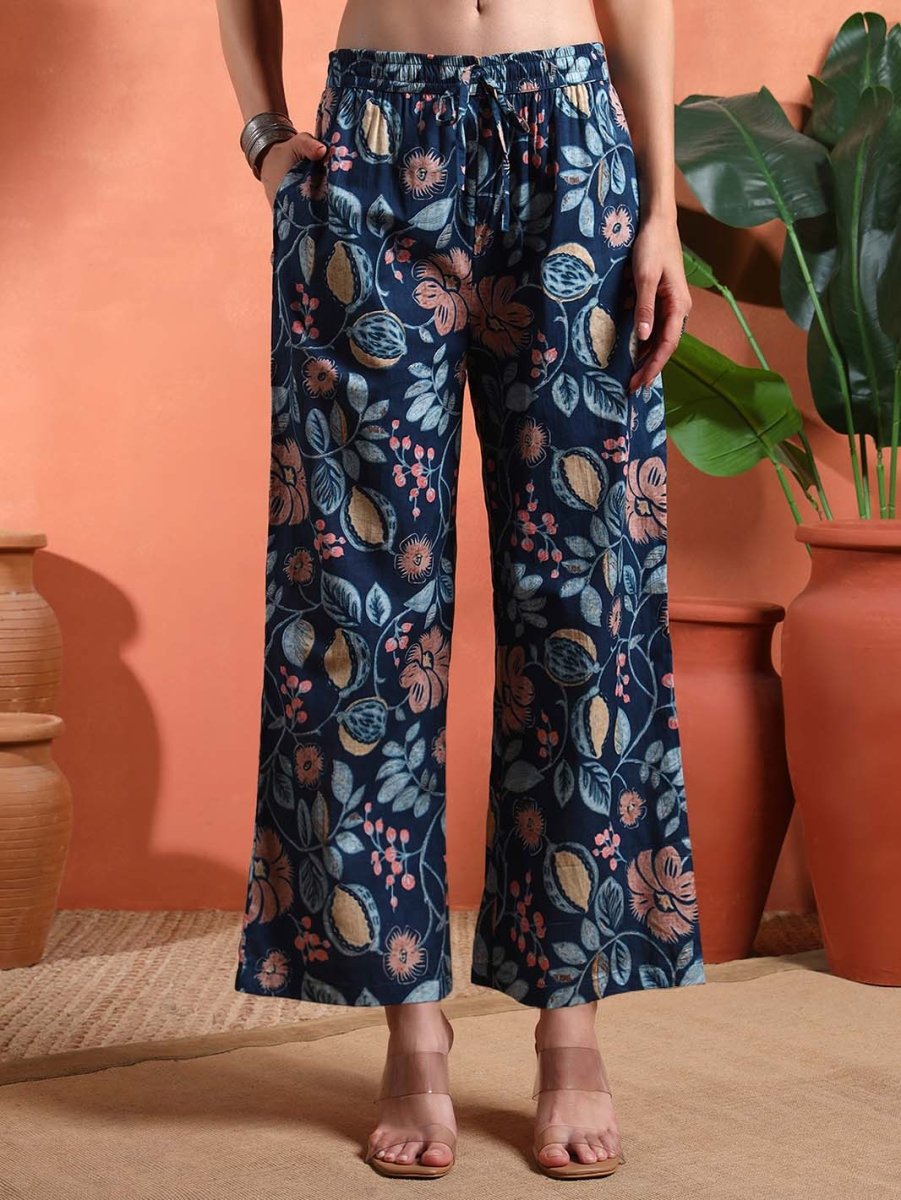 Navy Blue Floral Printed A - Line Kurta Set with Mandarin Collar - Mahukaa