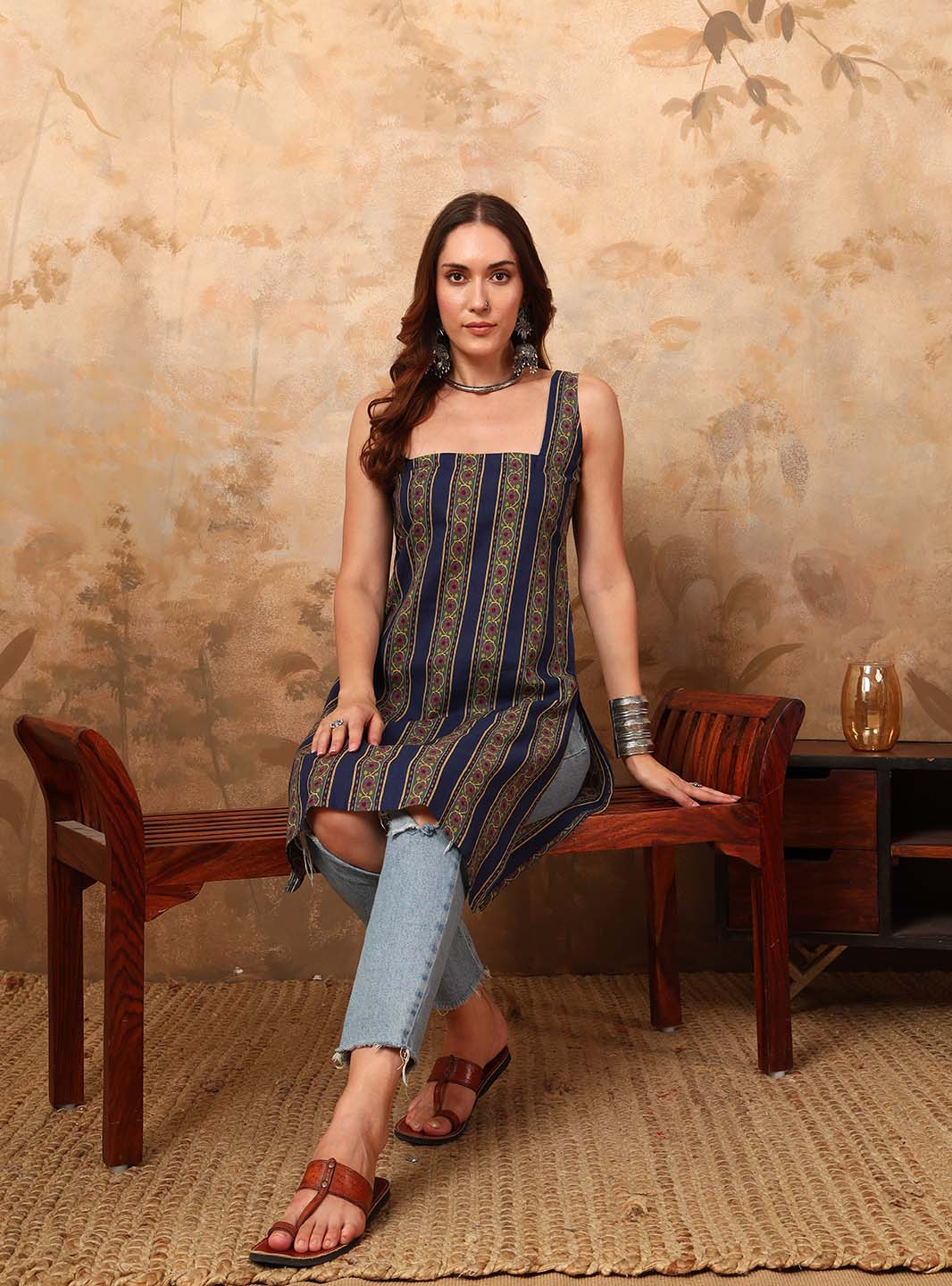 Navy Blue Floral Strap Kurta - Mahukaa