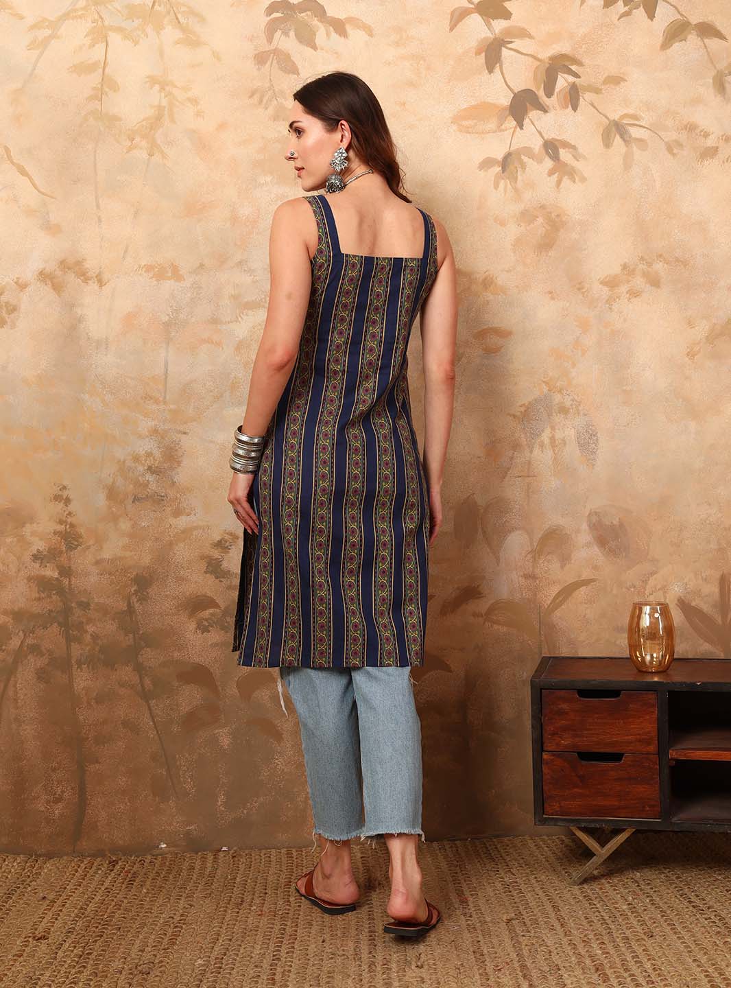 Navy Blue Floral Strap Kurta - Mahukaa