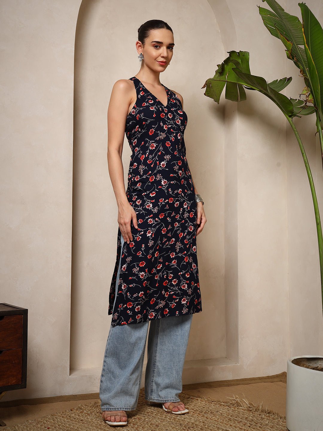 Navy Blue Floral V - Neck Halter Neck Straight Kurta with Screen Print - Mahukaa