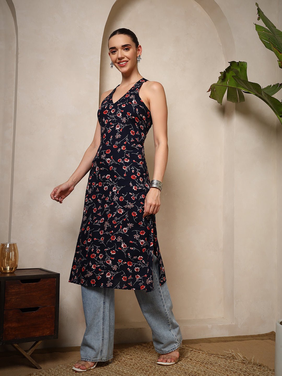 Navy Blue Floral V - Neck Halter Neck Straight Kurta with Screen Print - Mahukaa