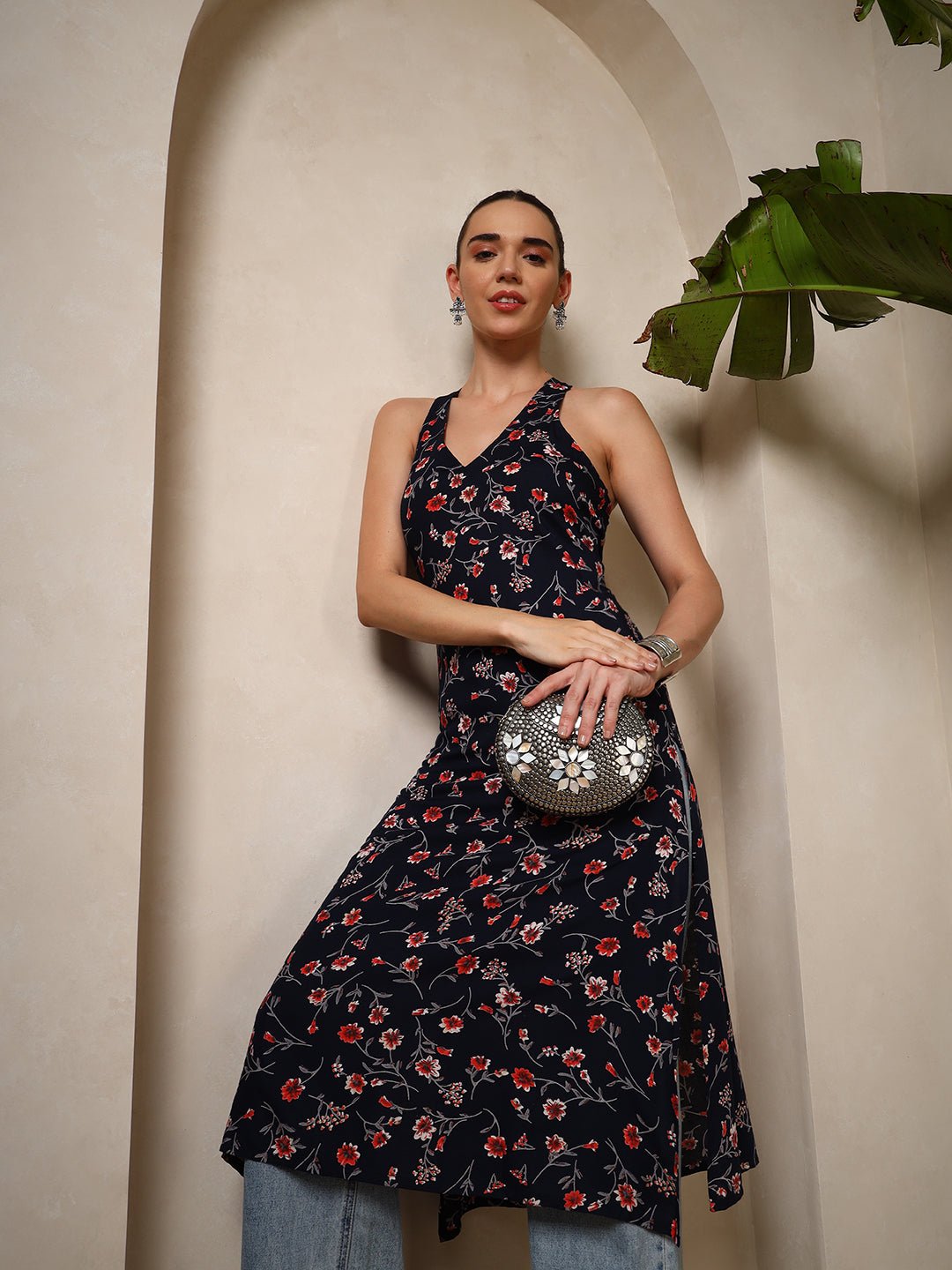 Navy Blue Floral V - Neck Halter Neck Straight Kurta with Screen Print - Mahukaa