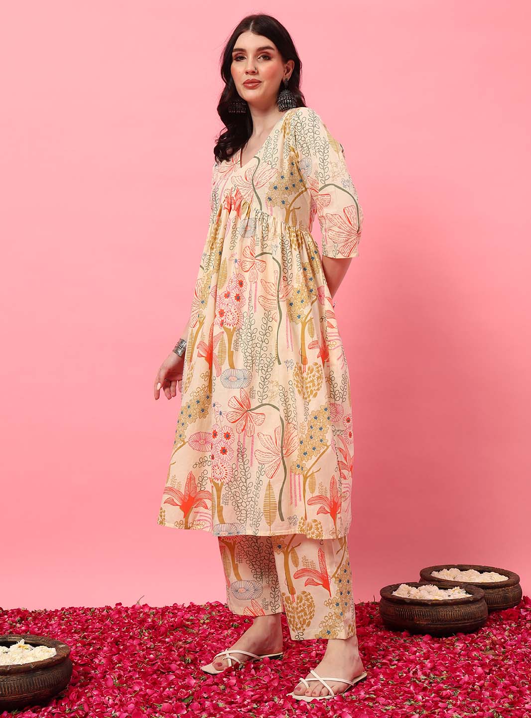 Off - White Floral Screen Print A - Line Kurta Set with Round V - Neck - Mahukaa