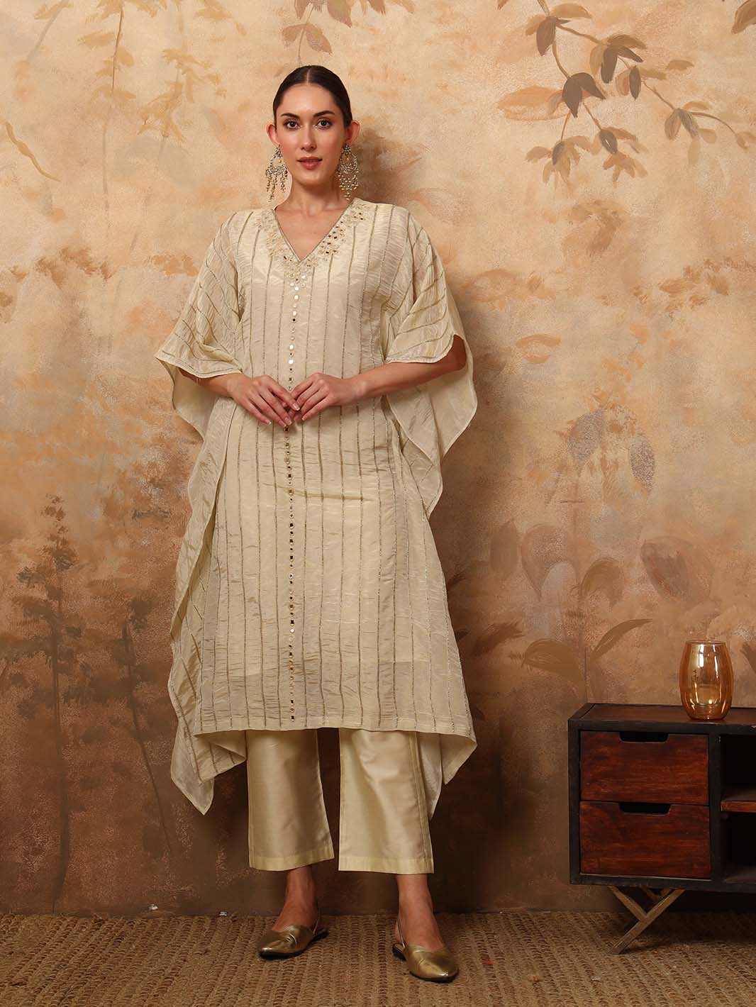 Off - White Hand Embroidered Mirror V - Neck Kaftan Set with Chanderi Pants - Mahukaa