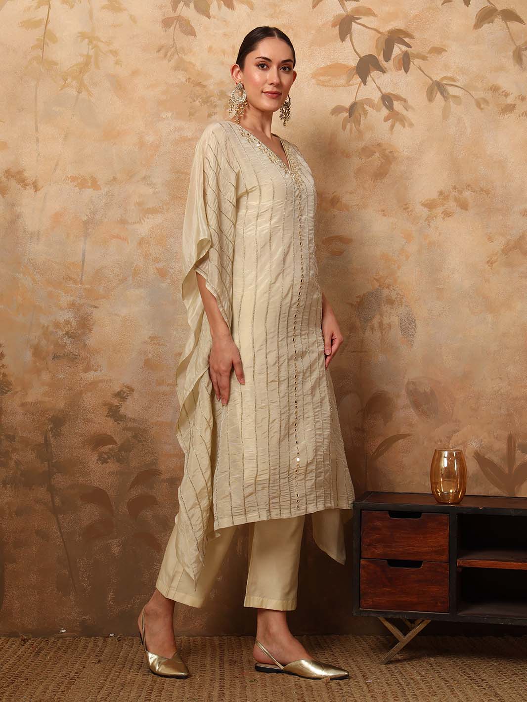 Off - White Hand Embroidered Mirror V - Neck Kaftan Set with Chanderi Pants - Mahukaa