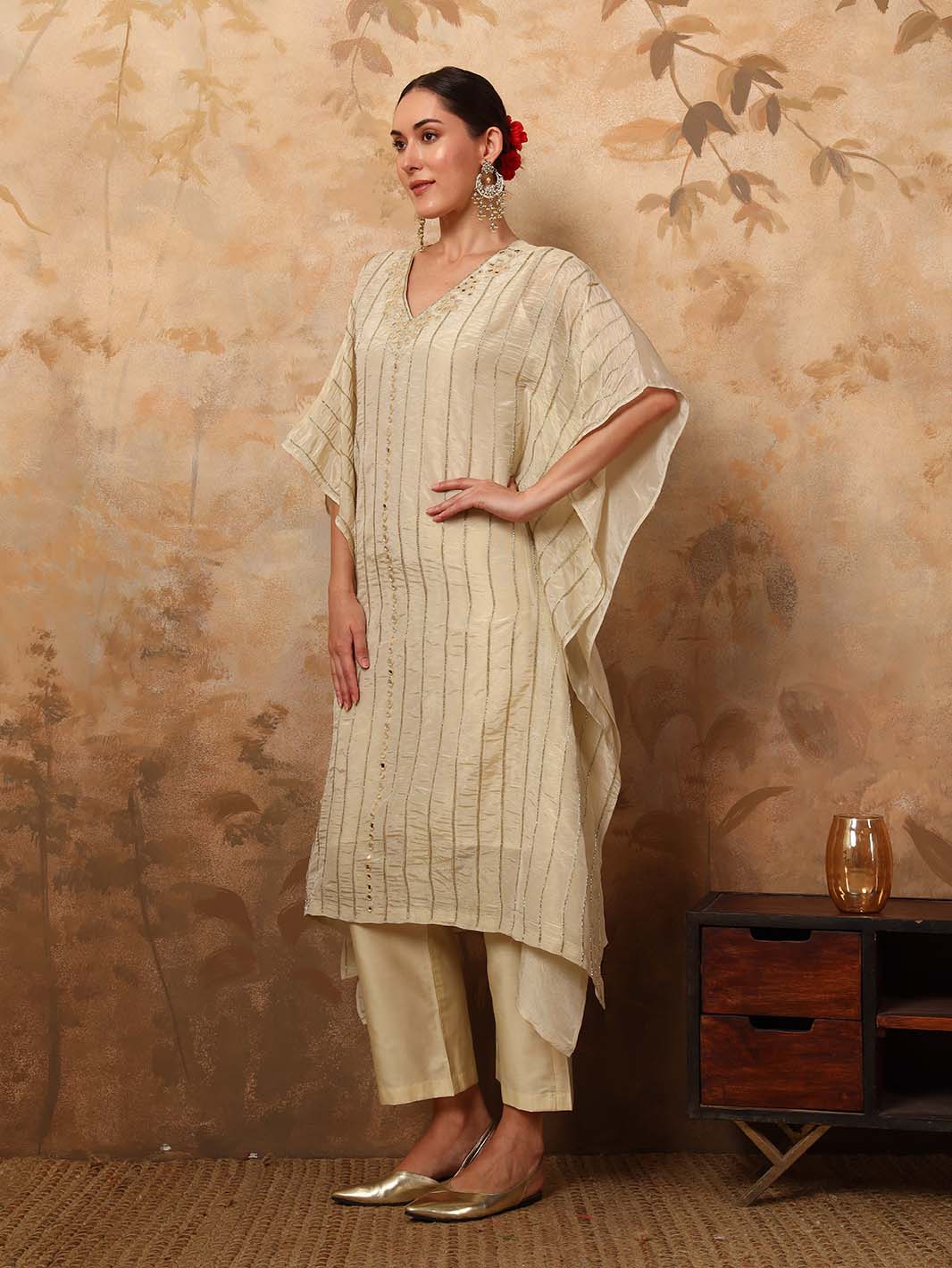 Off - White Hand Embroidered Mirror V - Neck Kaftan Set with Chanderi Pants - Mahukaa