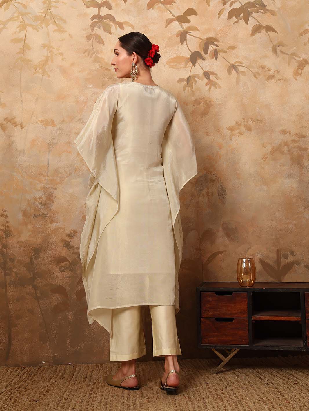 Off - White Hand Embroidered Mirror V - Neck Kaftan Set with Chanderi Pants - Mahukaa