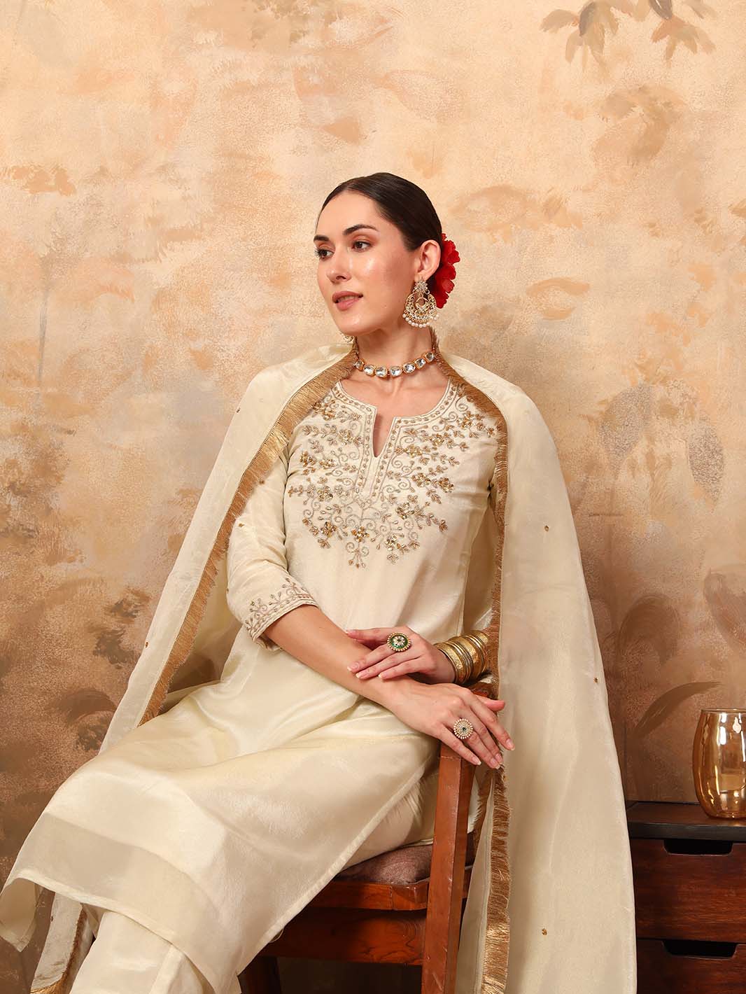 Off - White Round Neck Ari Work Hand Embroidery Tissue Silk Kurta Set - Mahukaa