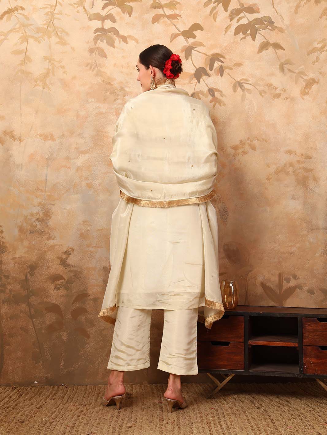 Off - White Round Neck Ari Work Hand Embroidery Tissue Silk Kurta Set - Mahukaa