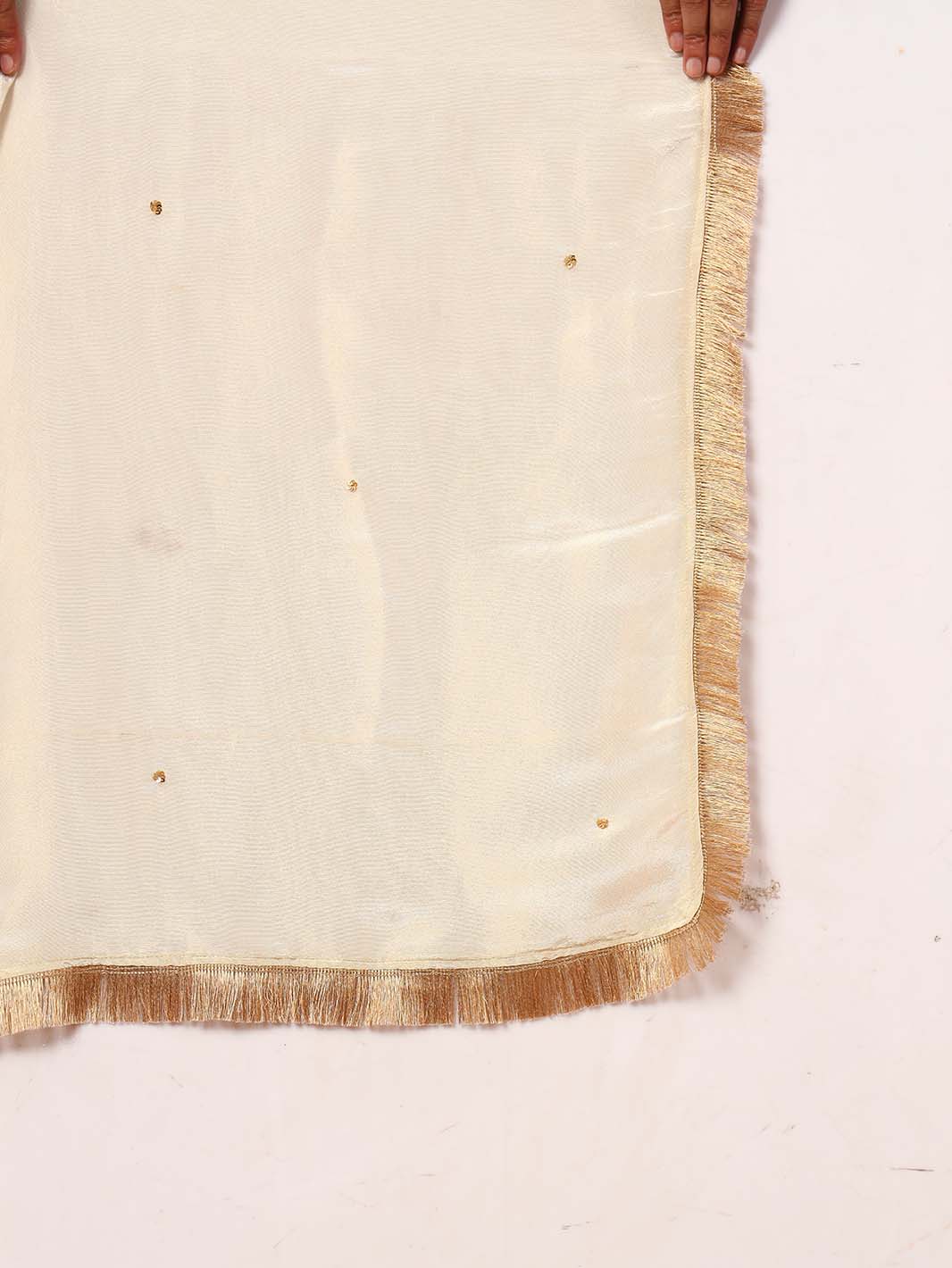Off - White Round Neck Ari Work Hand Embroidery Tissue Silk Kurta Set - Mahukaa