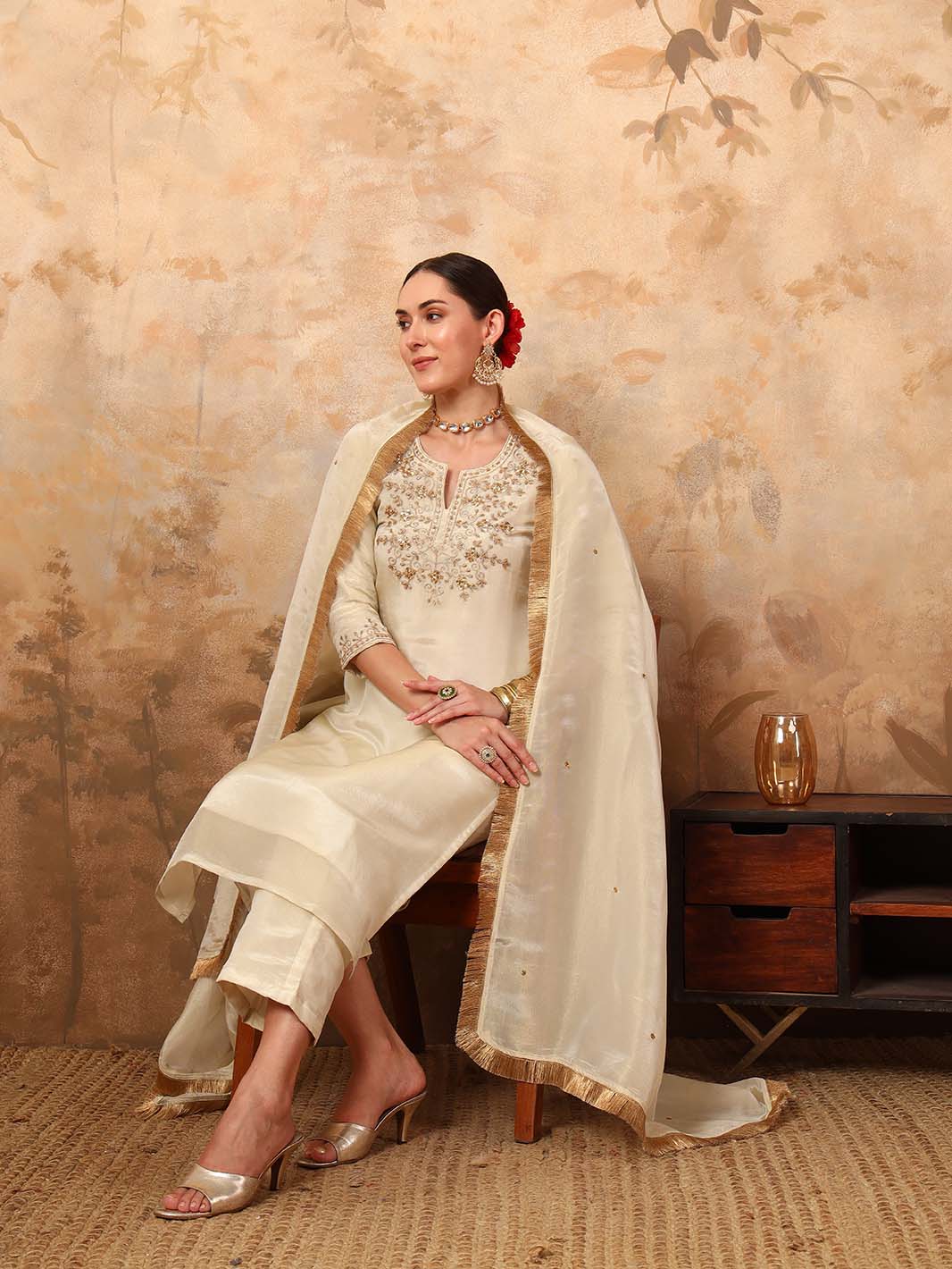 Off - White Round Neck Ari Work Hand Embroidery Tissue Silk Kurta Set - Mahukaa