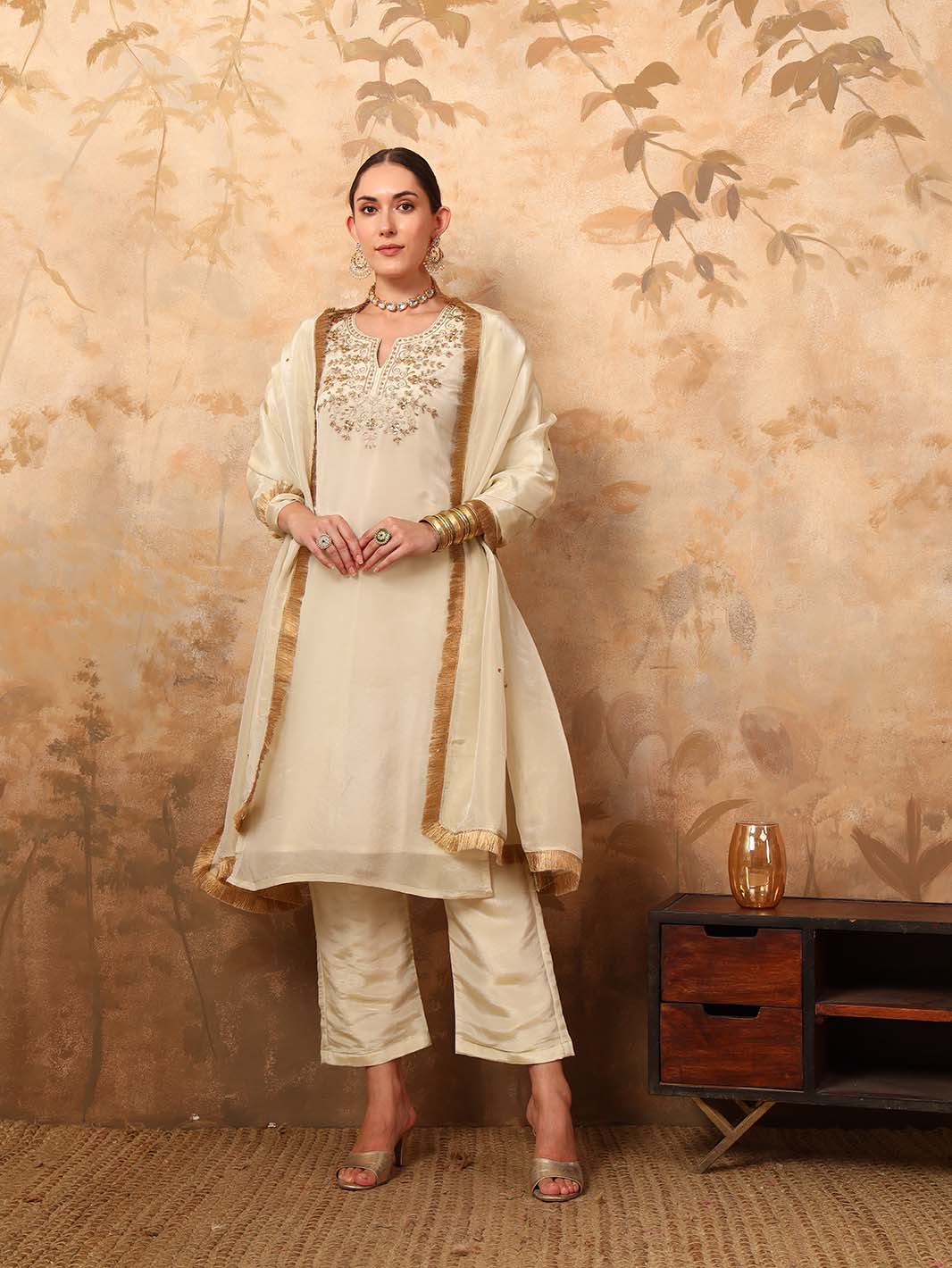 Off - White Round Neck Ari Work Hand Embroidery Tissue Silk Kurta Set - Mahukaa