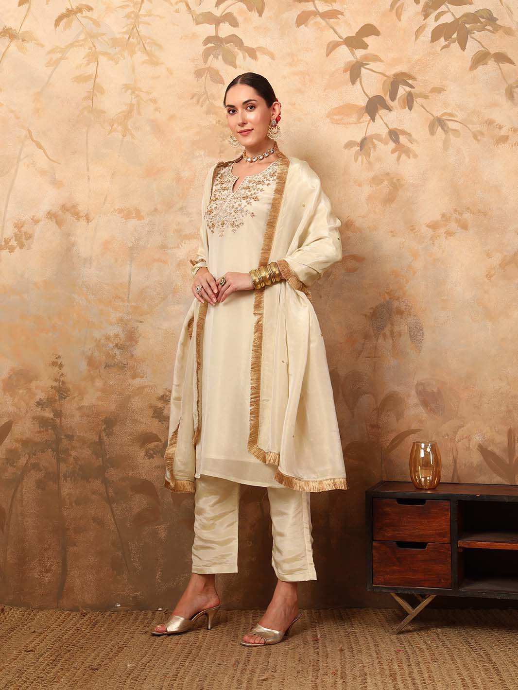 Off - White Round Neck Ari Work Hand Embroidery Tissue Silk Kurta Set - Mahukaa