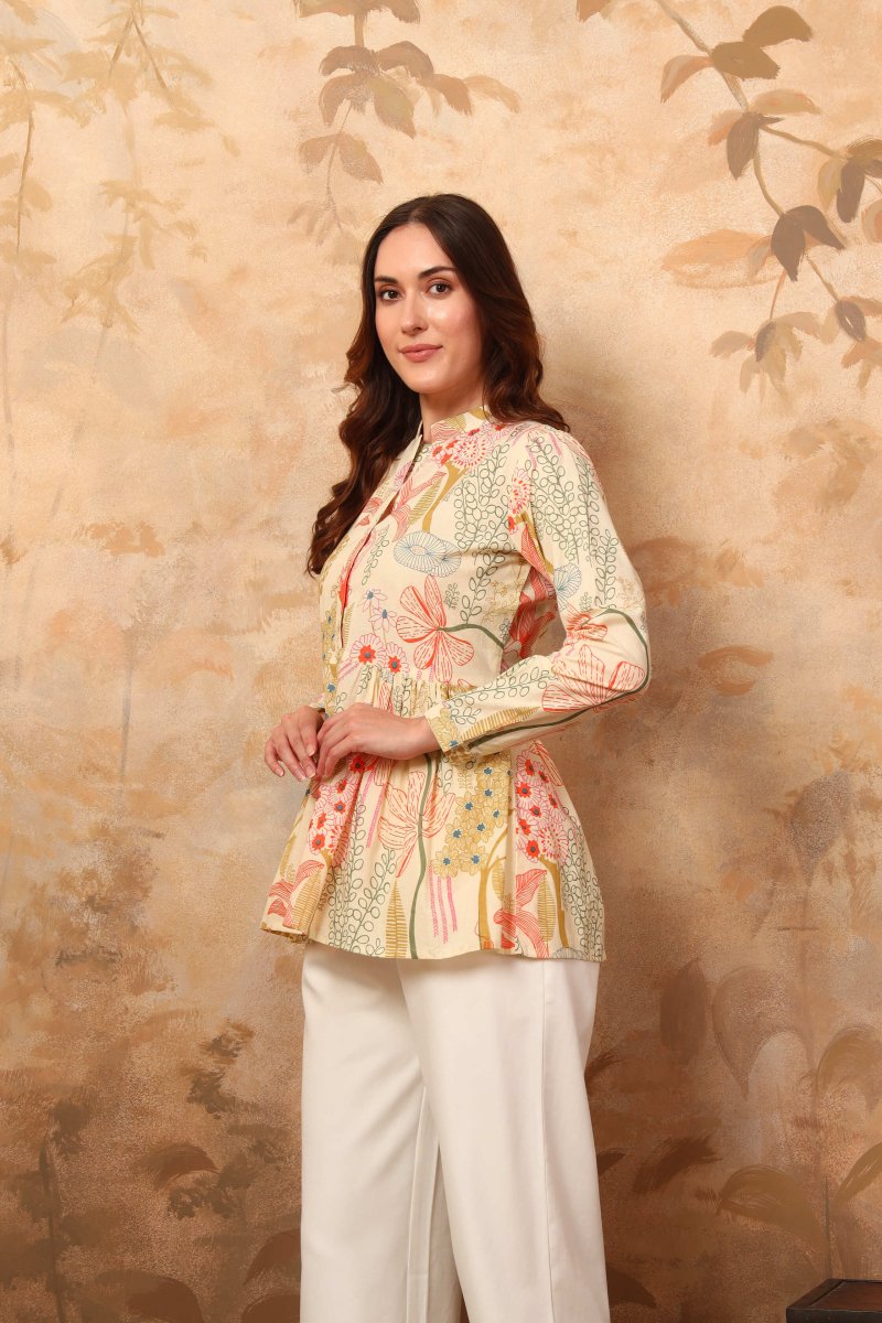 Off white tropical printed gathered tunic - Mahukaa
