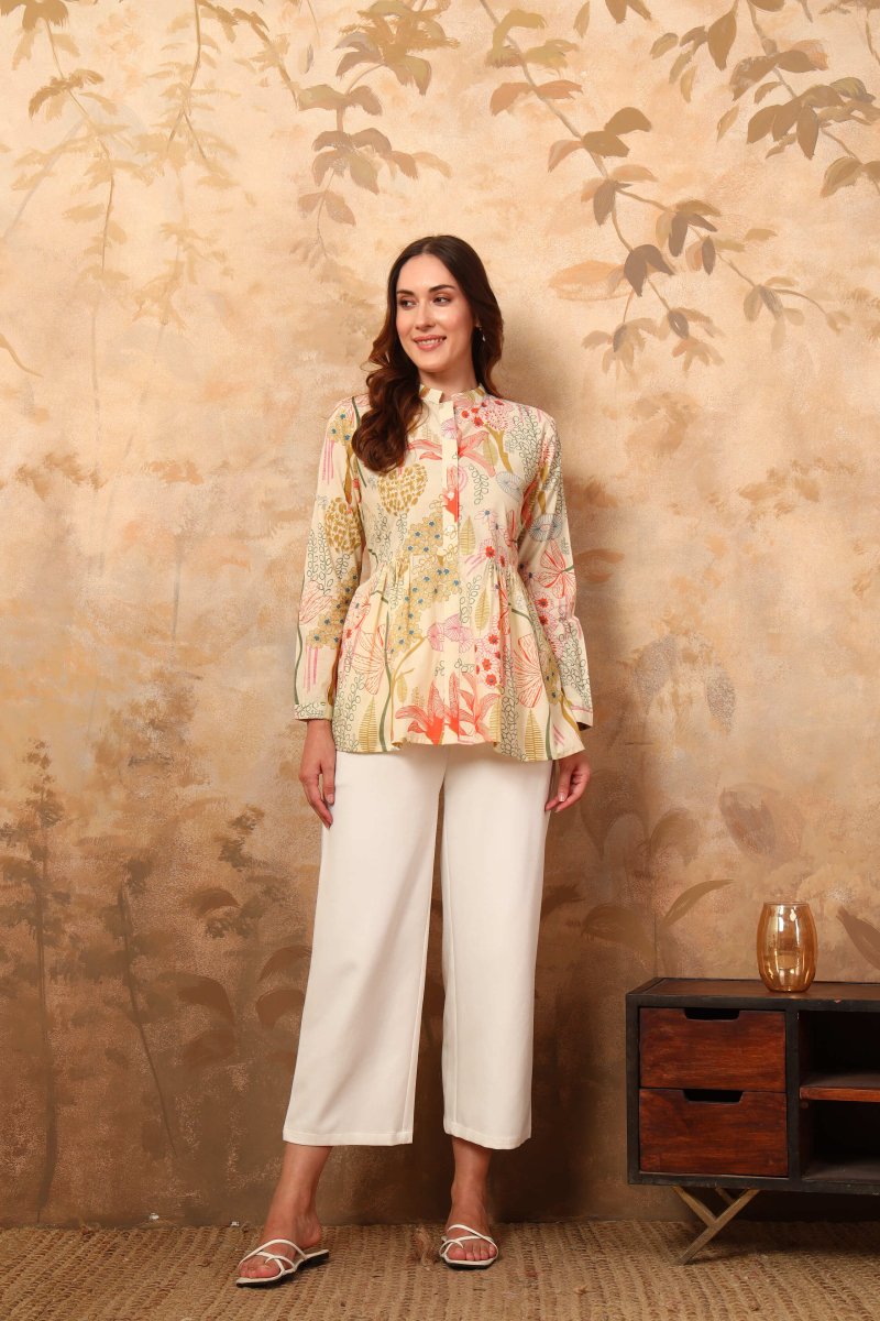 Off white tropical printed gathered tunic - Mahukaa