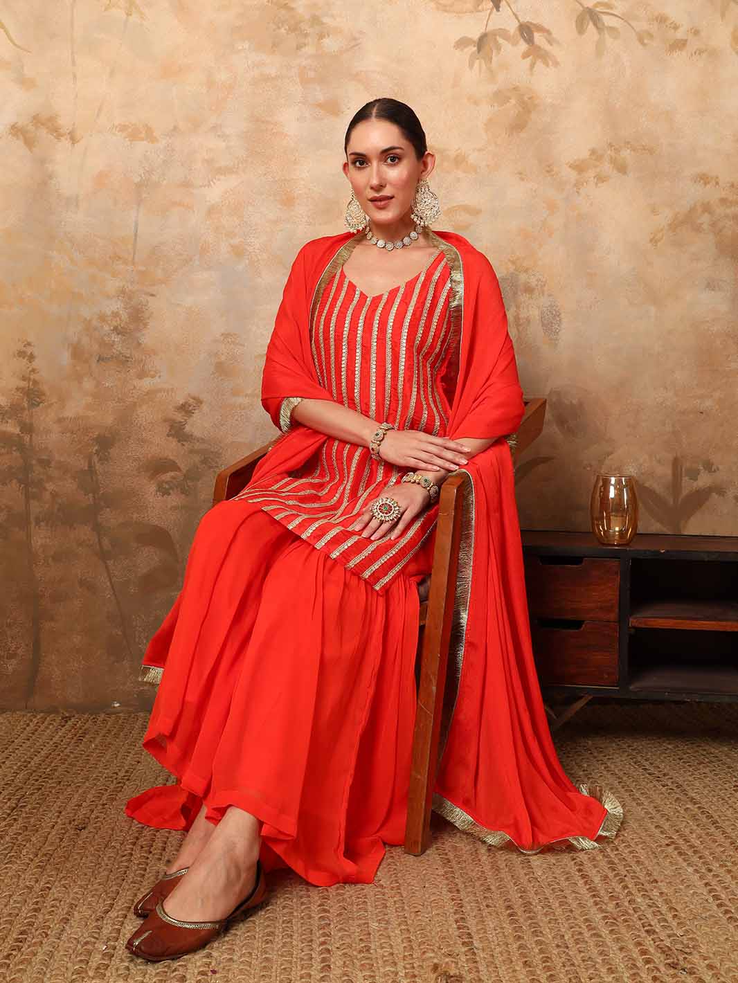 Orange Chanderi Silk Kurta with Georgette Sharara and Sequins Zari Lace Detailing - Mahukaa