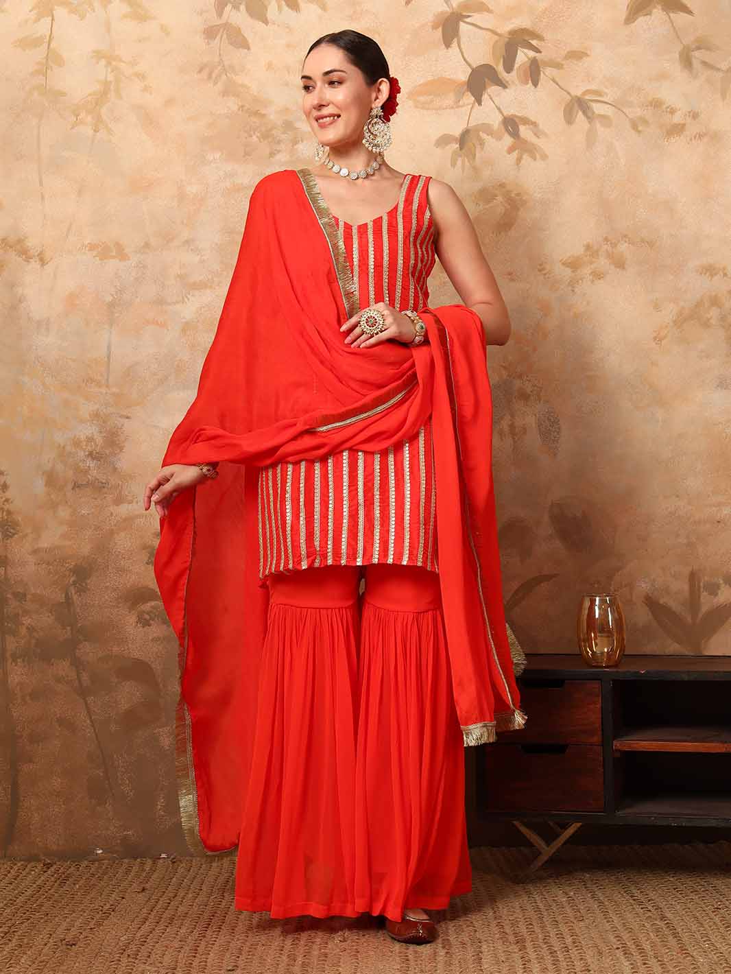 Orange Chanderi Silk Kurta with Georgette Sharara and Sequins Zari Lace Detailing - Mahukaa