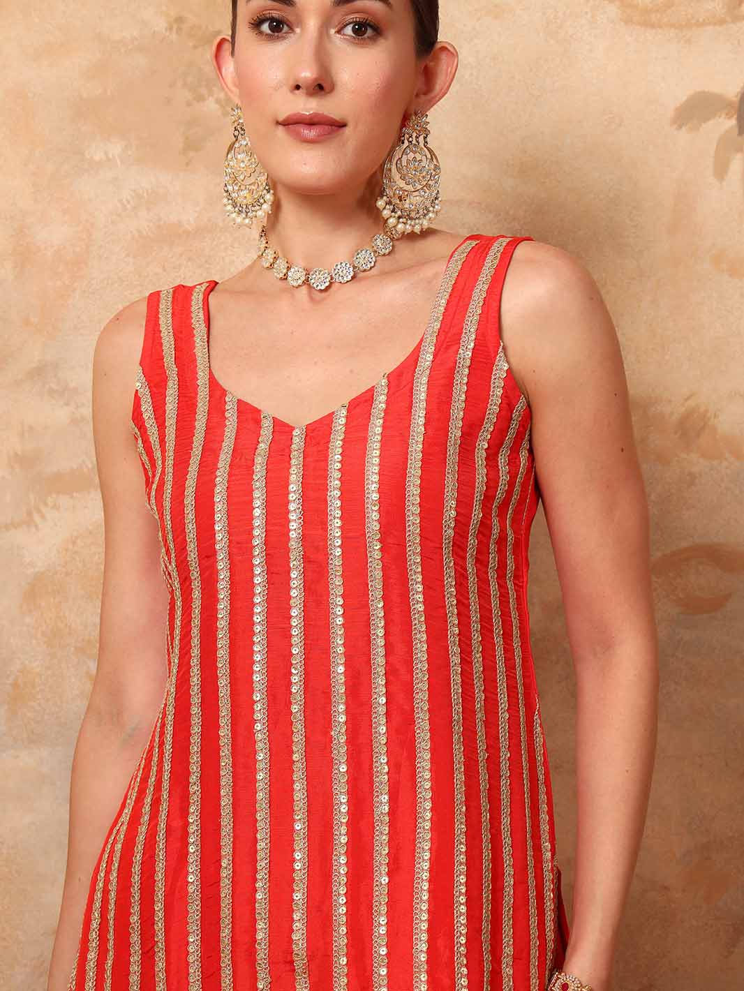 Orange Chanderi Silk Kurta with Georgette Sharara and Sequins Zari Lace Detailing - Mahukaa