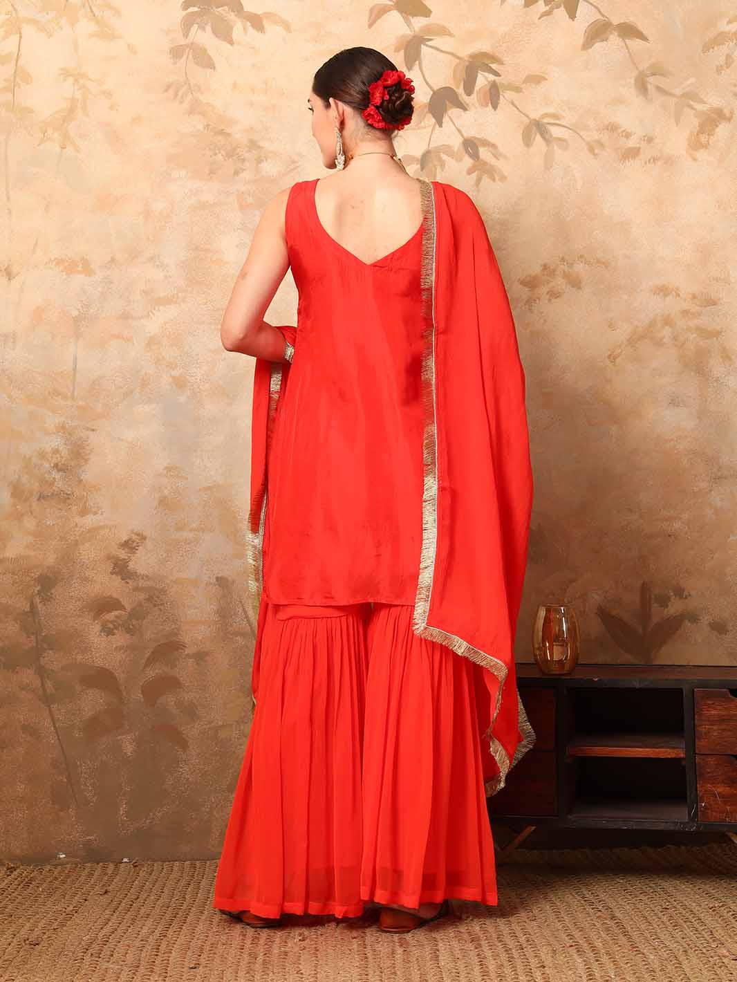 Orange Chanderi Silk Kurta with Georgette Sharara and Sequins Zari Lace Detailing - Mahukaa