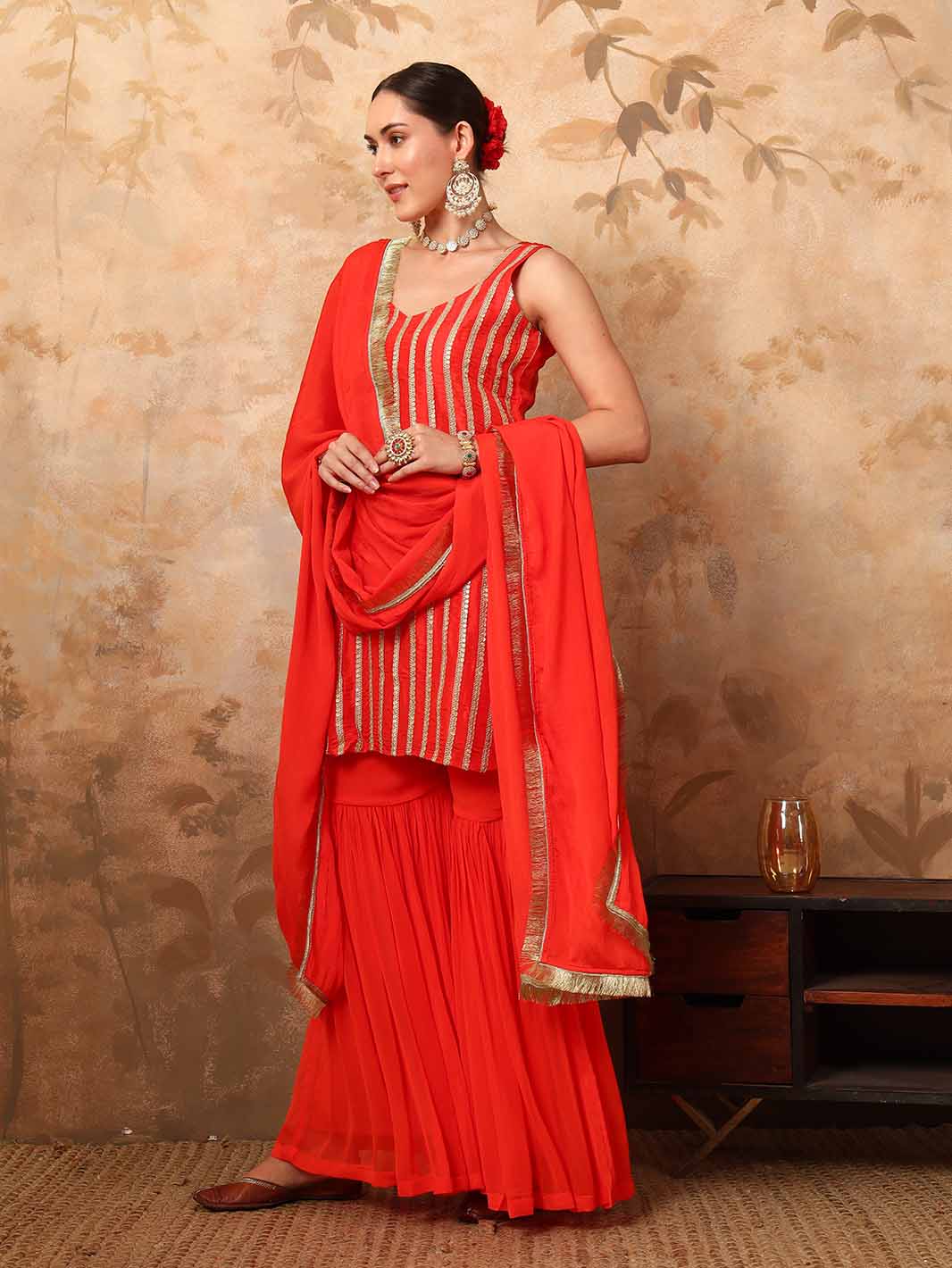 Orange Chanderi Silk Kurta with Georgette Sharara and Sequins Zari Lace Detailing - Mahukaa