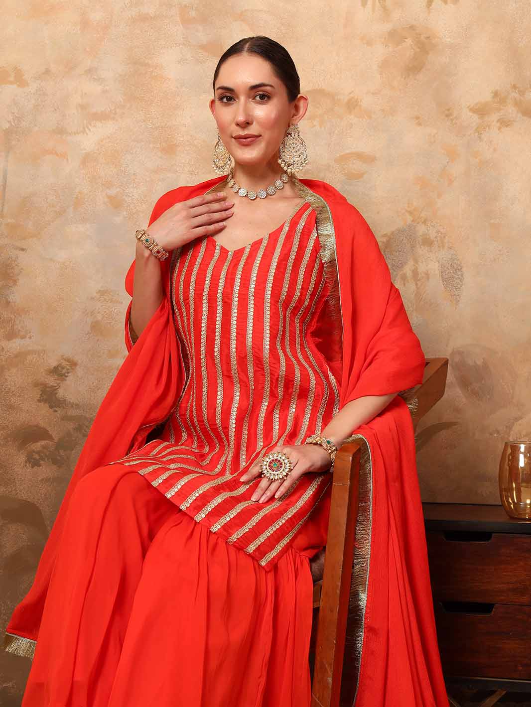 Orange Chanderi Silk Kurta with Georgette Sharara and Sequins Zari Lace Detailing - Mahukaa