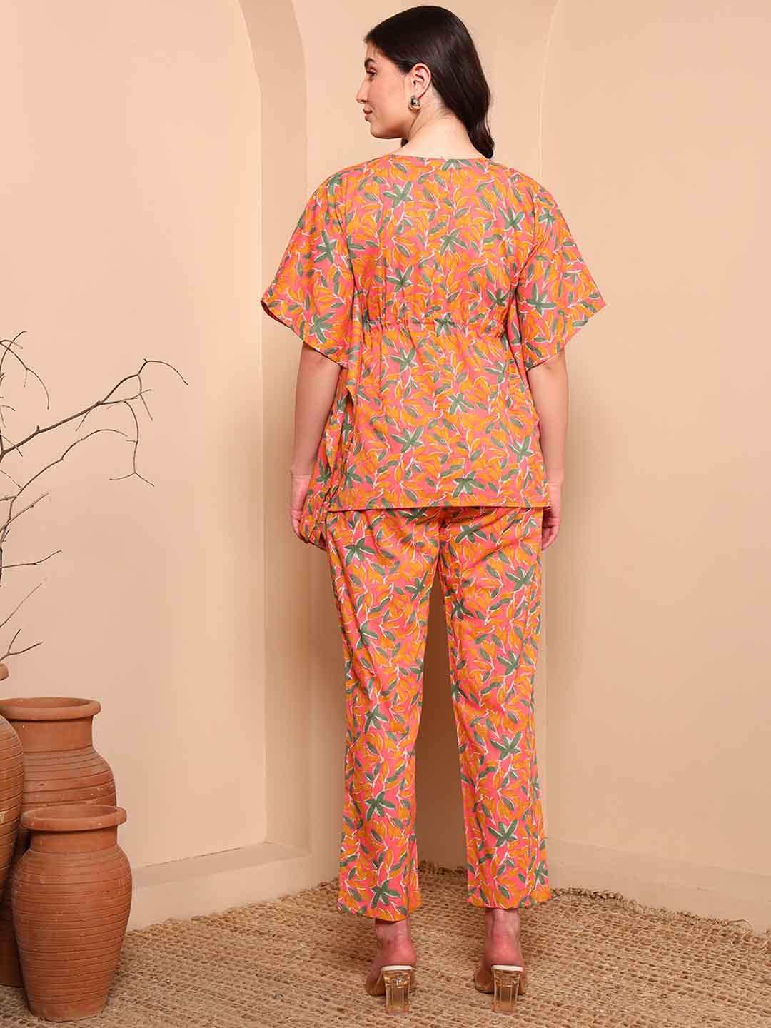 Orange Floral Pure Cotton Kaftan Set - Mahukaa