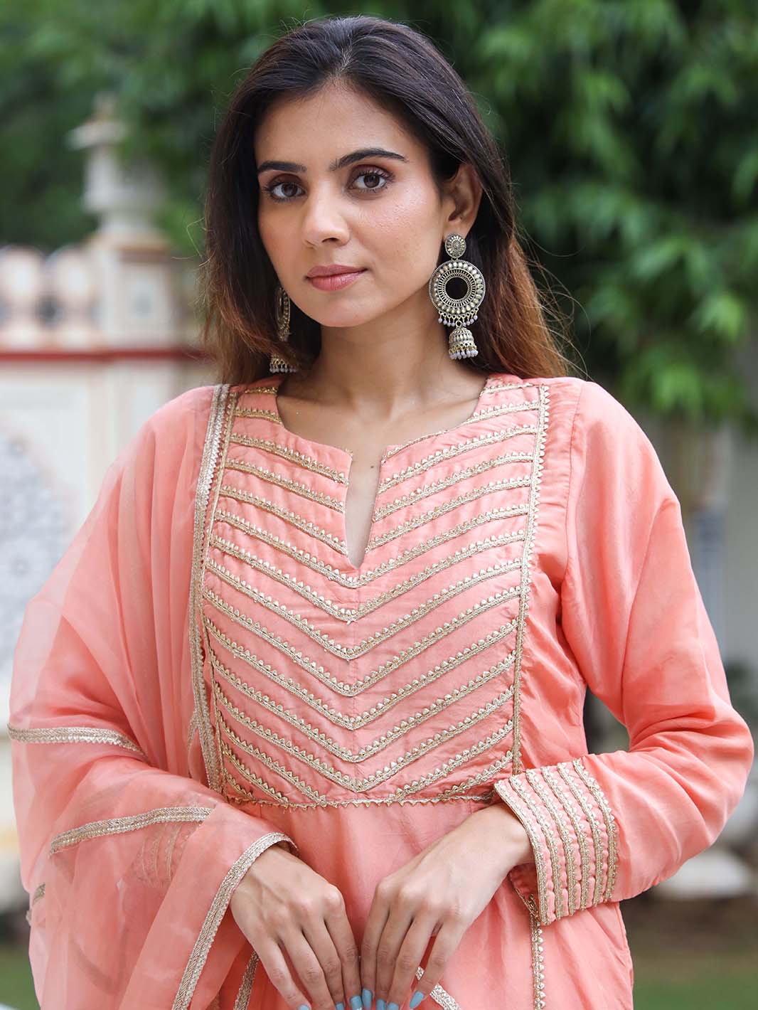 Peach Banarasi Silk Straight Kurti and Pant with Organza Dupatta - Mahukaa
