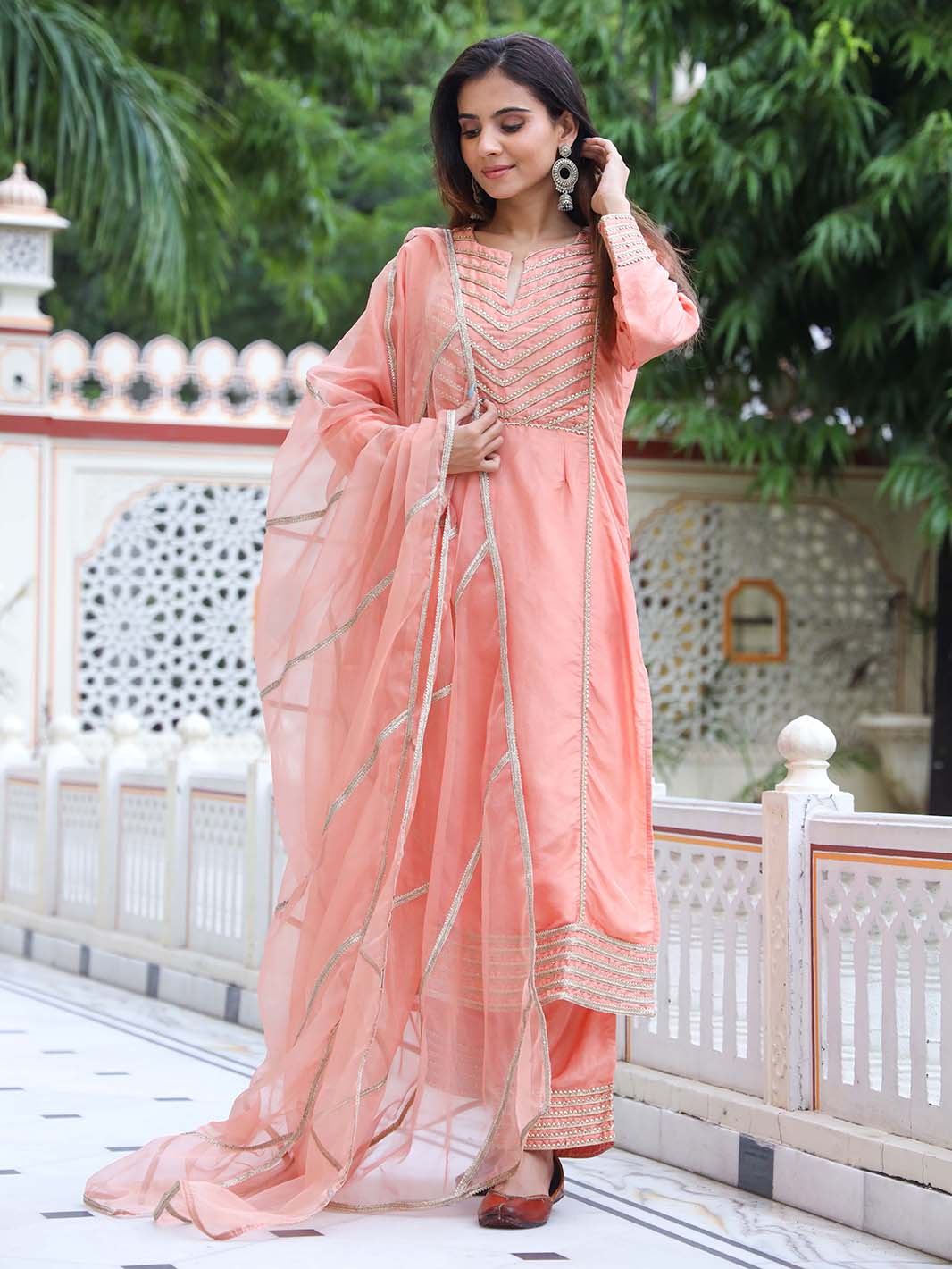 Peach Banarasi Silk Straight Kurti and Pant with Organza Dupatta - Mahukaa