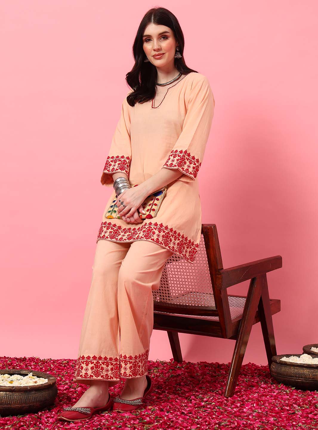 Peach Embroidered Straight Co - ord Set with Round V - Neck Square - Mahukaa