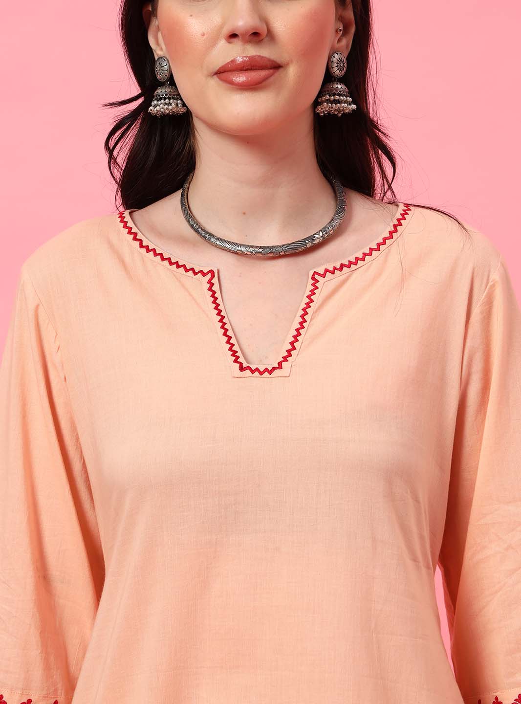 Peach Embroidered Straight Co - ord Set with Round V - Neck Square - Mahukaa