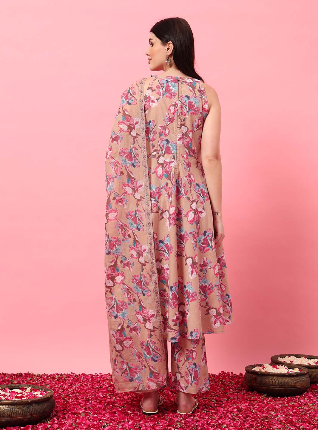 Peach Floral Halter Neck A - Line Kurta Set - Mahukaa