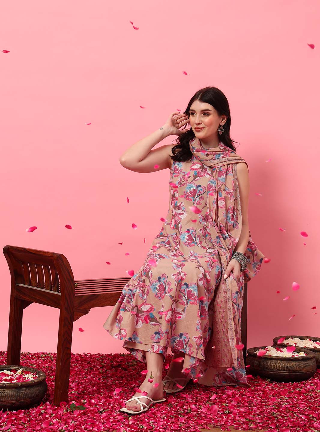 Peach Floral Halter Neck A - Line Kurta Set - Mahukaa