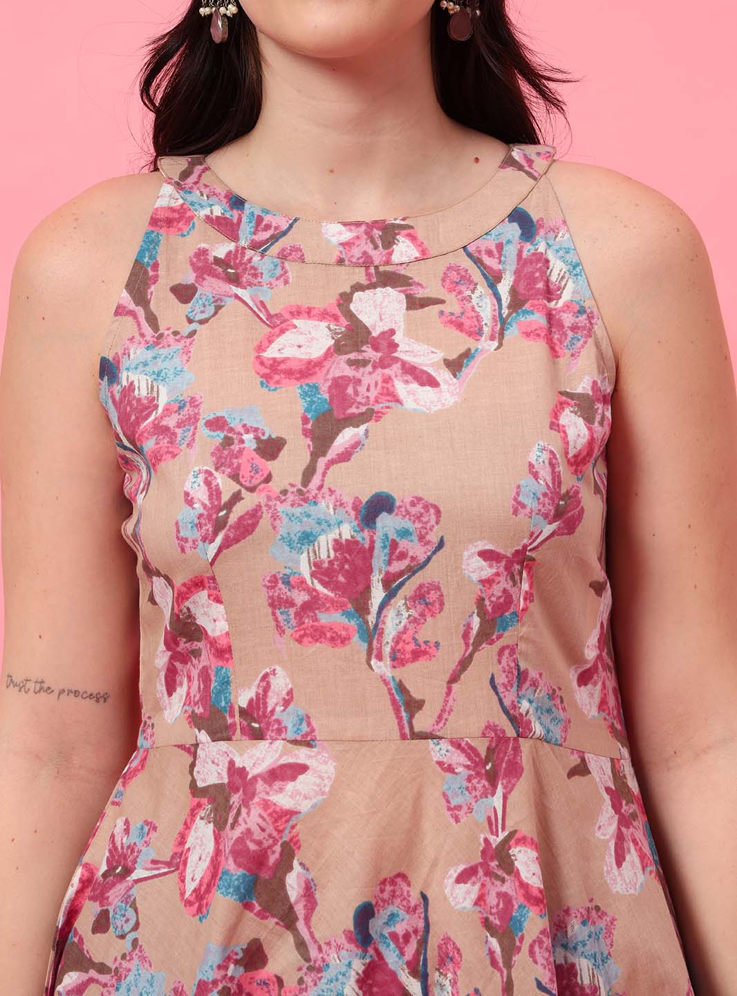 Peach Floral Halter Neck A - Line Kurta Set - Mahukaa