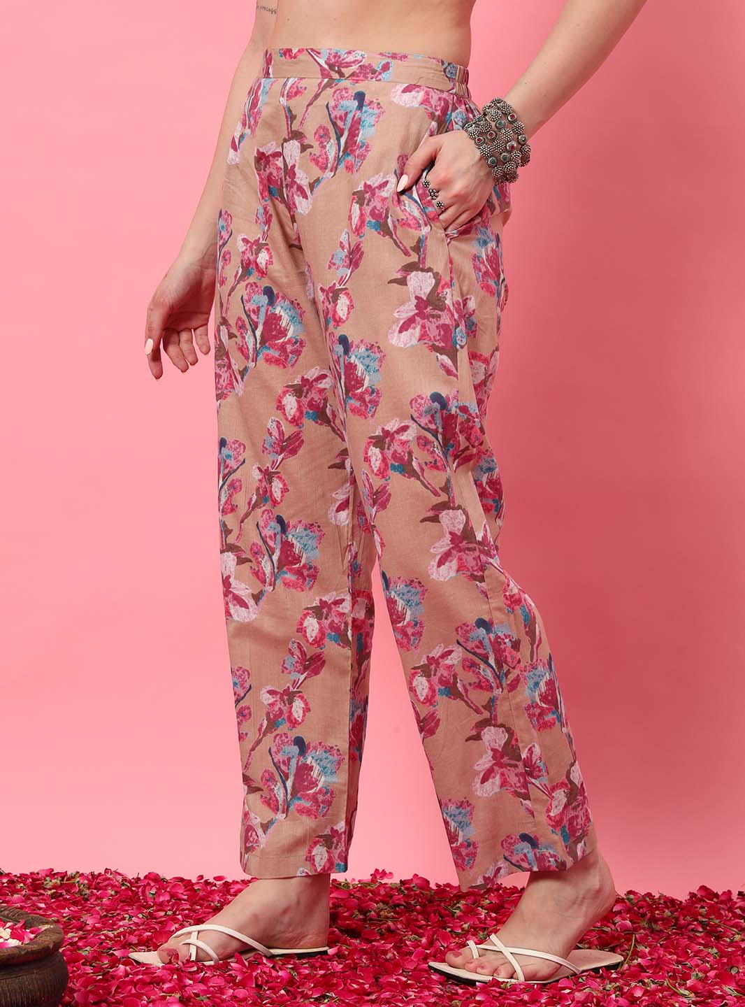 Peach Floral Halter Neck A - Line Kurta Set - Mahukaa