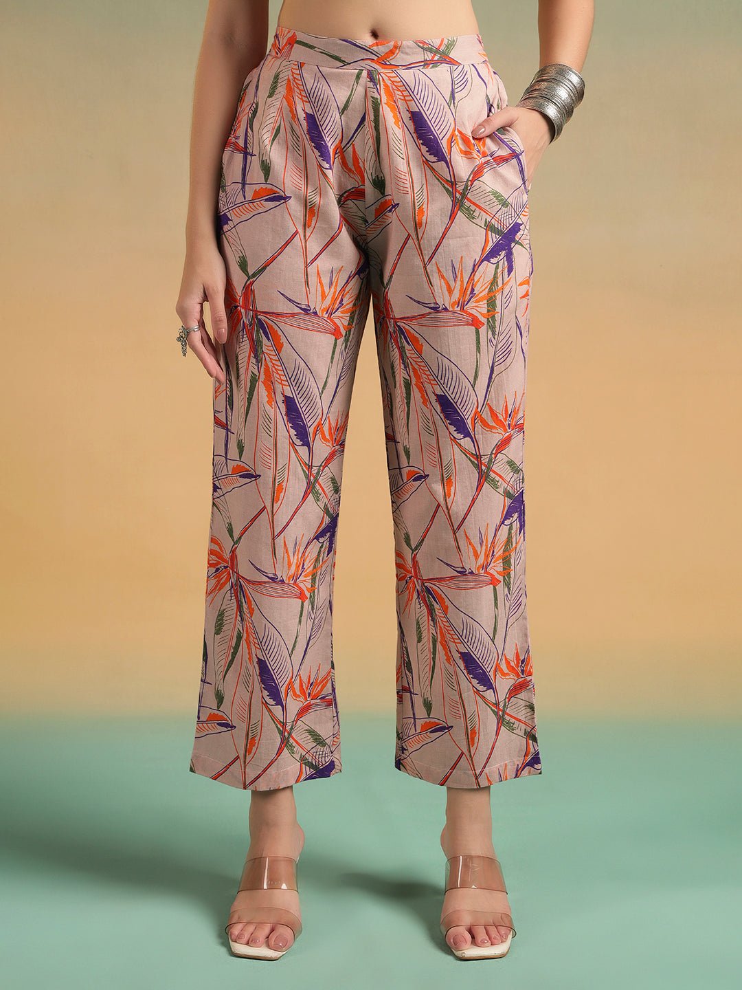 Peach Floral Printed Kurta Set Pant - Mahukaa