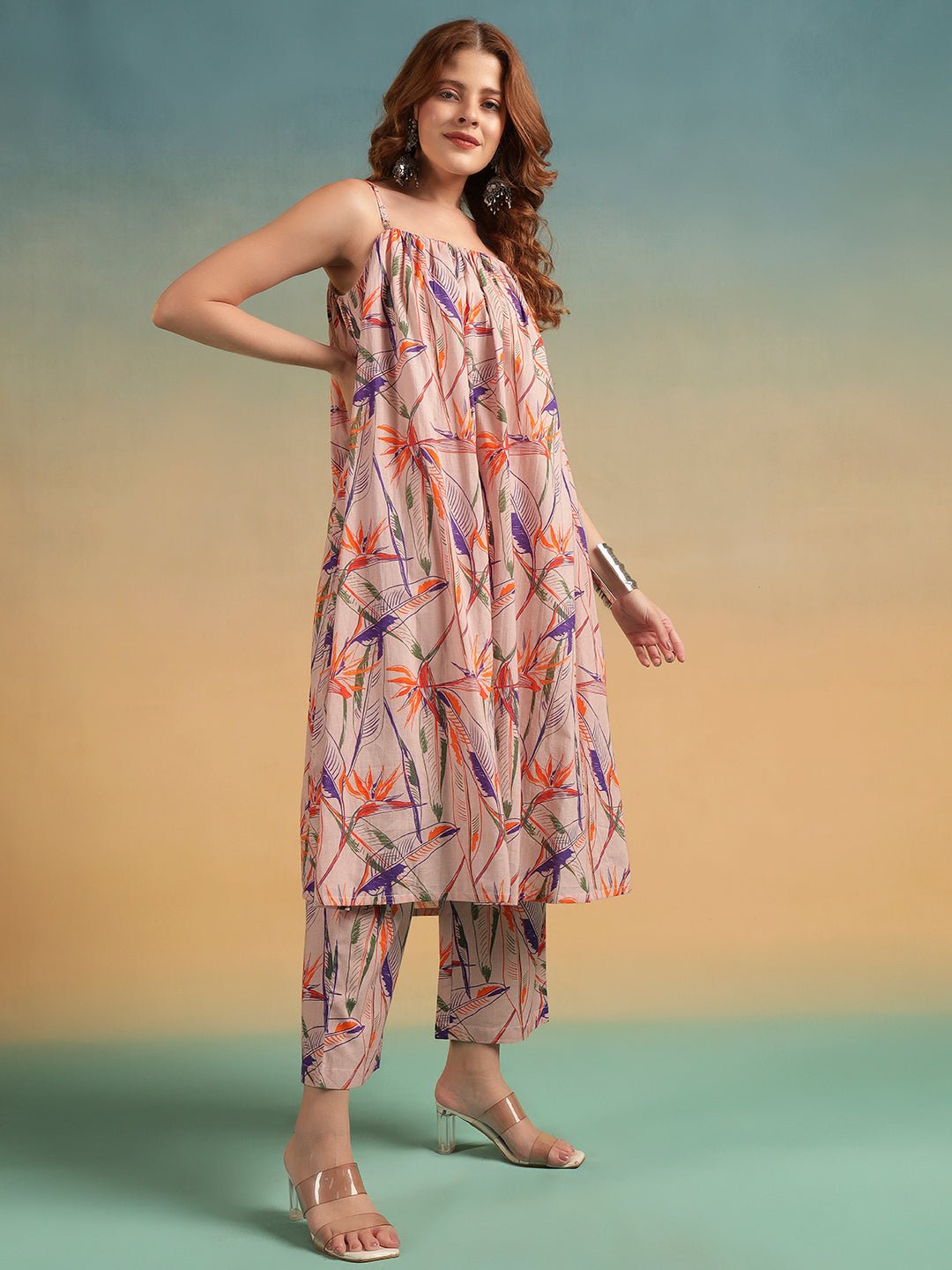 Model in Stylish peach floral A-line kurta pant set for women – Mahukaa ethnic fashion wear